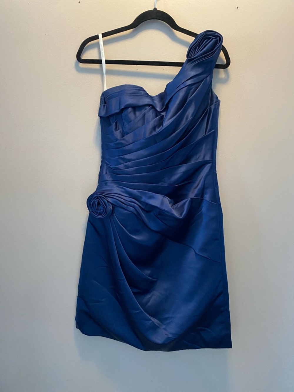 Sophia Tolli One-Shoulder Royal Blue Satin Cocktail Dress with Rosette